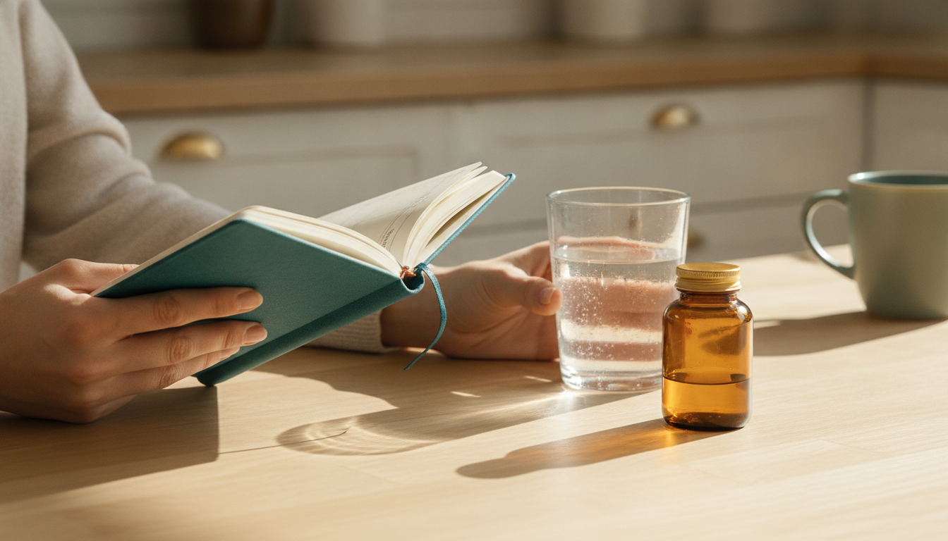 Hands holding a journal beside a glass of water and a small amber supplement bottle on a sunlit kitchen counter