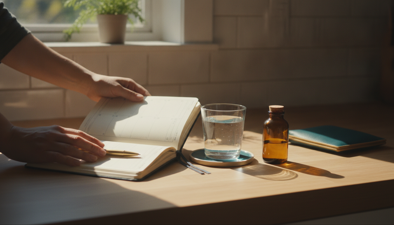 A daily planner open on a wooden counter next to a glass of water and an amber supplement bottle in morning light
