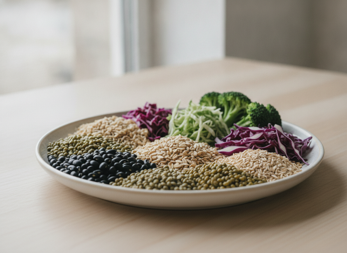 A plate of high-fiber foods including beans, lentils, broccoli, cabbage and whole grains