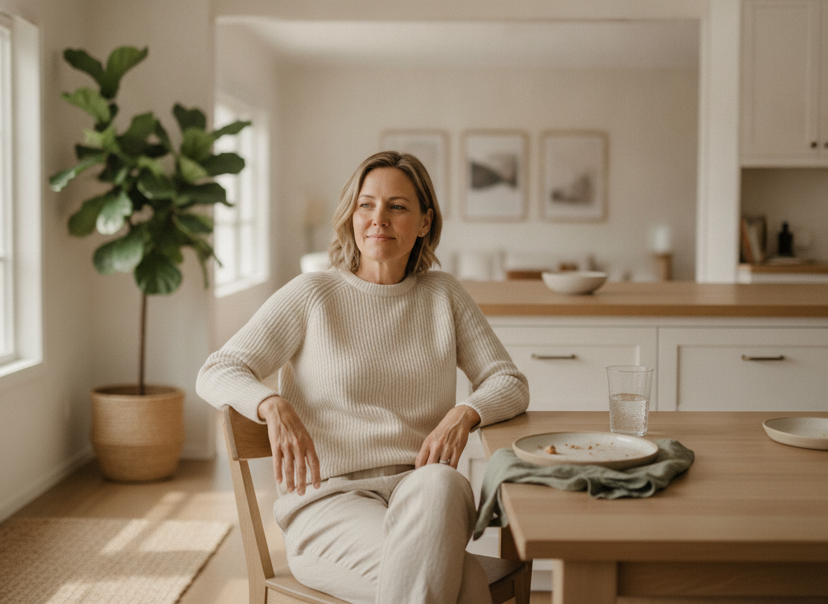 A relaxed person sitting comfortably at a kitchen table after a meal with a glass of water nearby