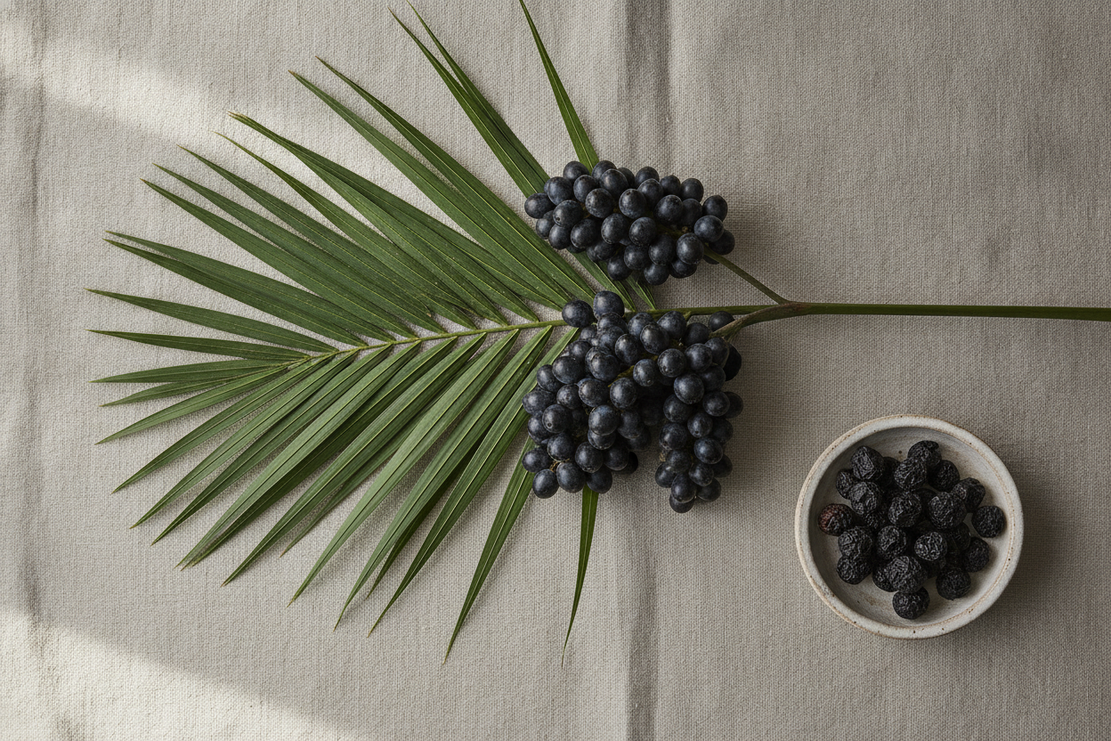 Saw palmetto fronds and dark berries arranged on a pale linen surface beside a small dish of dried berries