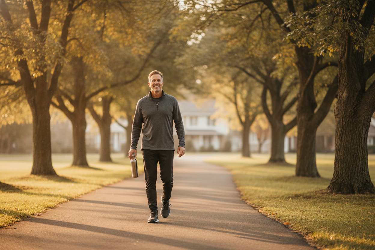 A man in a grey quarter-zip walking on a tree-lined path in early morning light, holding a water bottle