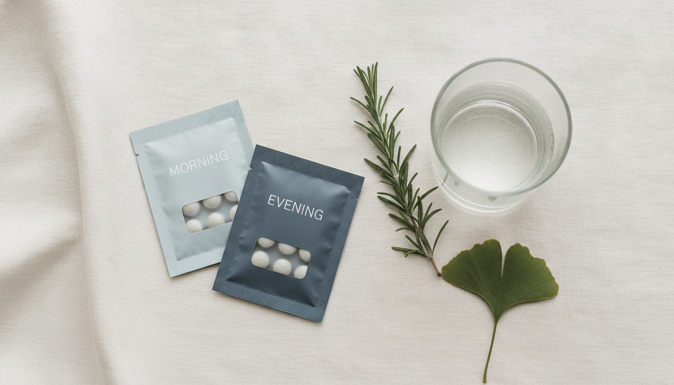 A flat-lay of a daily brain-support routine: capsule packets, a glass of water, and a ginkgo leaf on a neutral surface