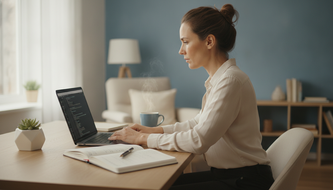 A person working calmly and attentively at a tidy desk in soft daylight with a cup of coffee nearby