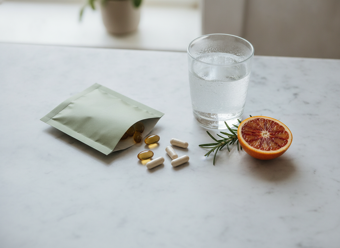 An overhead view of a single opened daily supplement packet with capsules beside a glass of water and sliced citrus