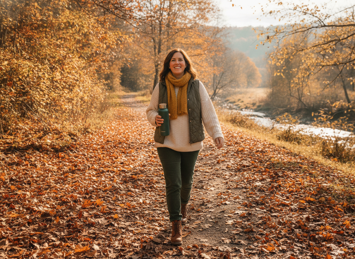 A healthy adult in autumn clothing walking outdoors on a bright crisp day, holding a water bottle