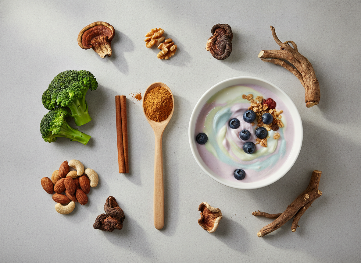 An overhead flat-lay of whole-food ingredients including cinnamon, nuts, greens, and roots on a light stone surface