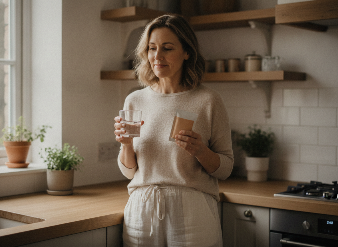 A woman standing in a sunlit kitchen holding a glass of water and a daily supplement packet as part of a morning routine