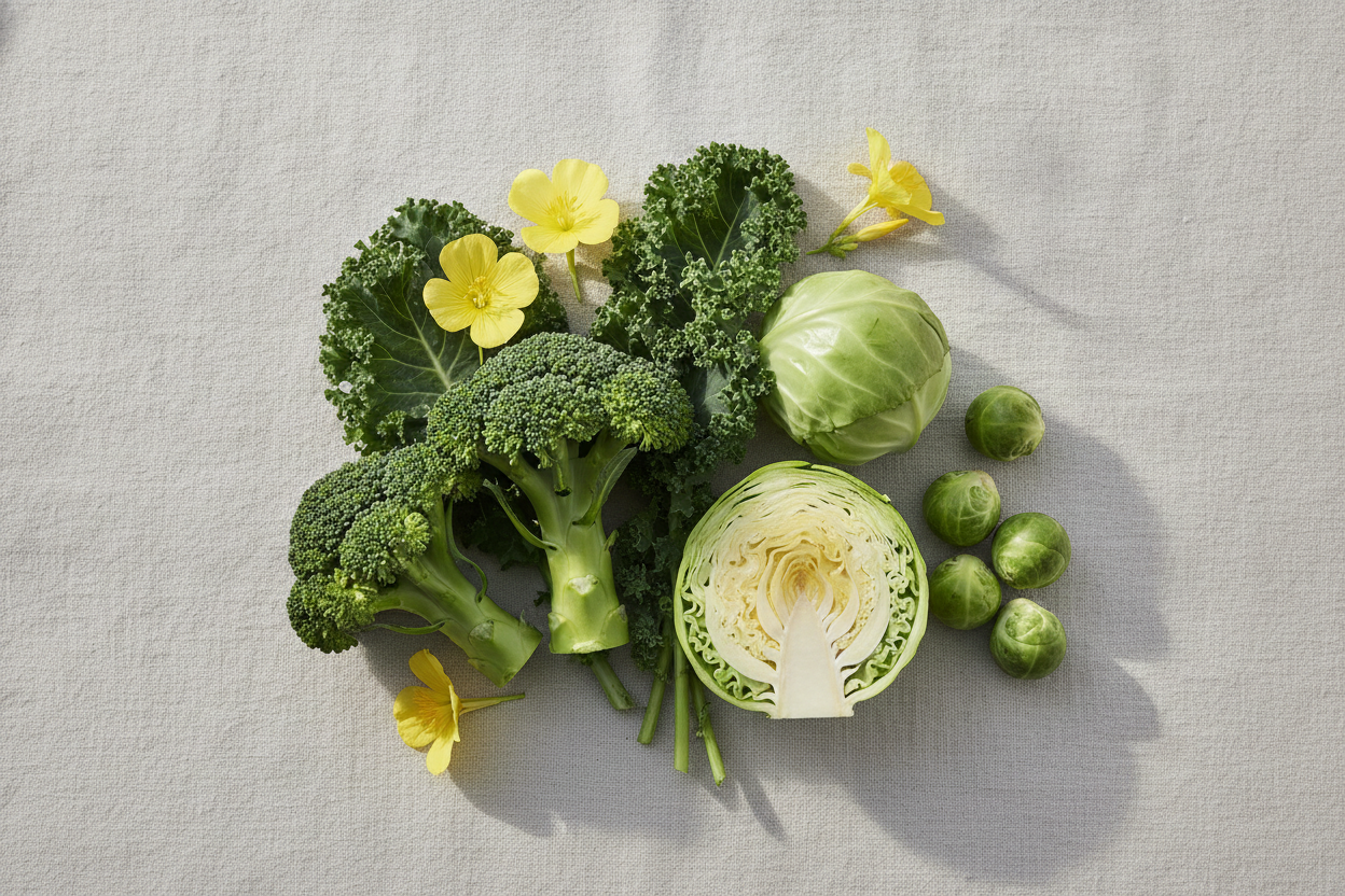 Broccoli, kale, cabbage and Brussels sprouts arranged beside yellow evening primrose flowers on linen