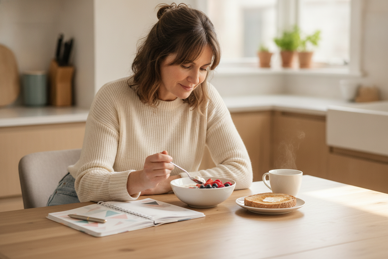 A woman eating yogurt, berries and toast with a cup of tea at a sunny kitchen table