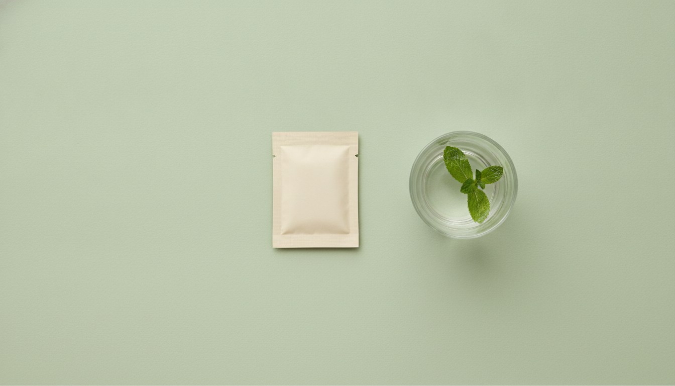 A single supplement sachet on a sage-green surface beside a small glass of water and a sprig of mint.