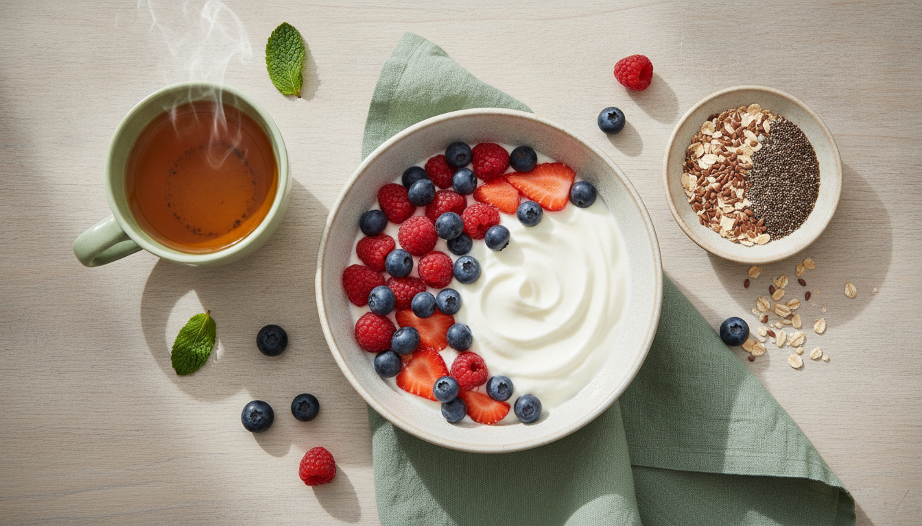 An overhead view of a wholesome breakfast with yogurt, berries, seeds, oats, and herbal tea on a wooden table.