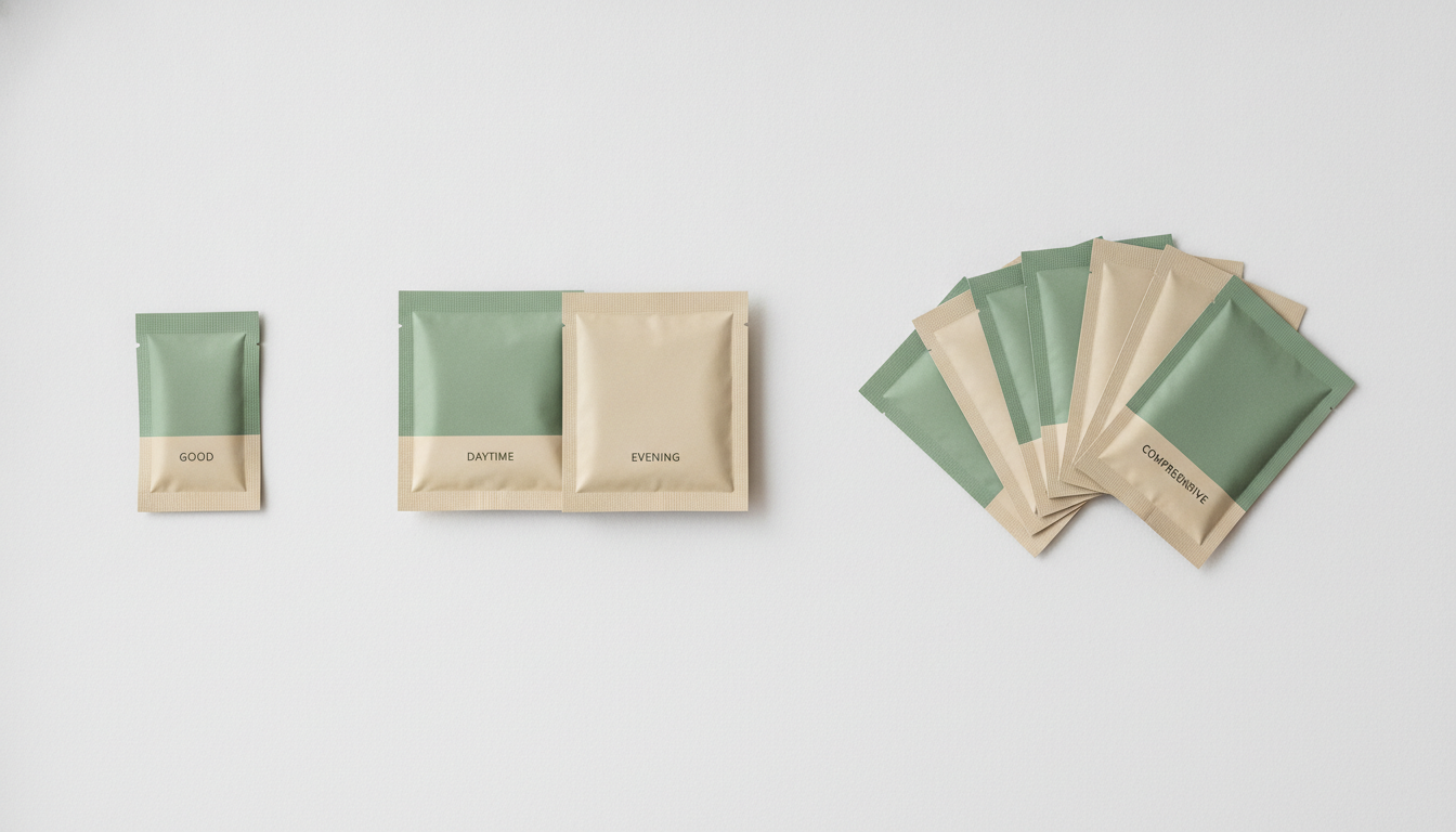 Three tiers of supplement packets arranged left to right from a single small sachet to a fuller comprehensive set.
