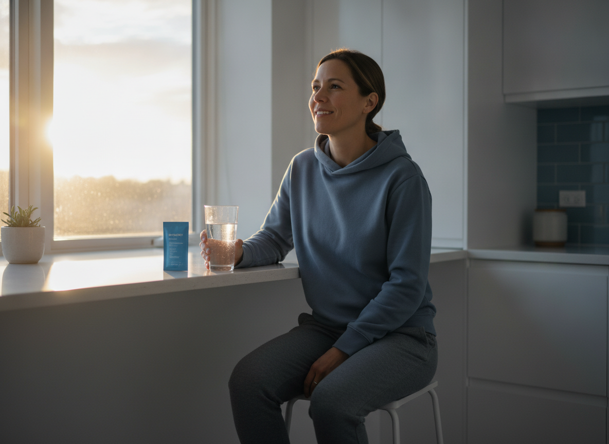 A person by a sunlit window holding a glass of water beside a single daily supplement packet on a kitchen counter