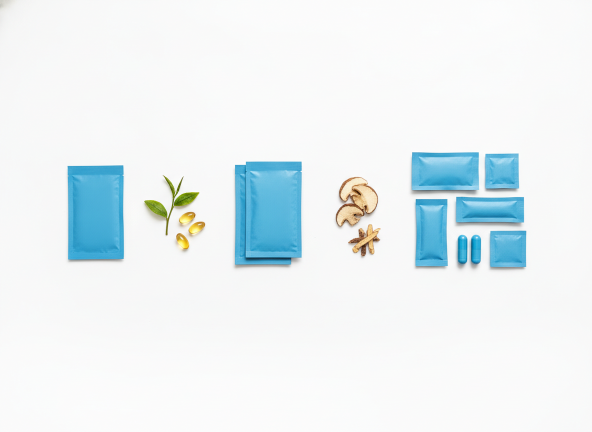A flat-lay comparing a single daily packet, a two-packet set, and a comprehensive multi-packet set with green tea leaves and softgels