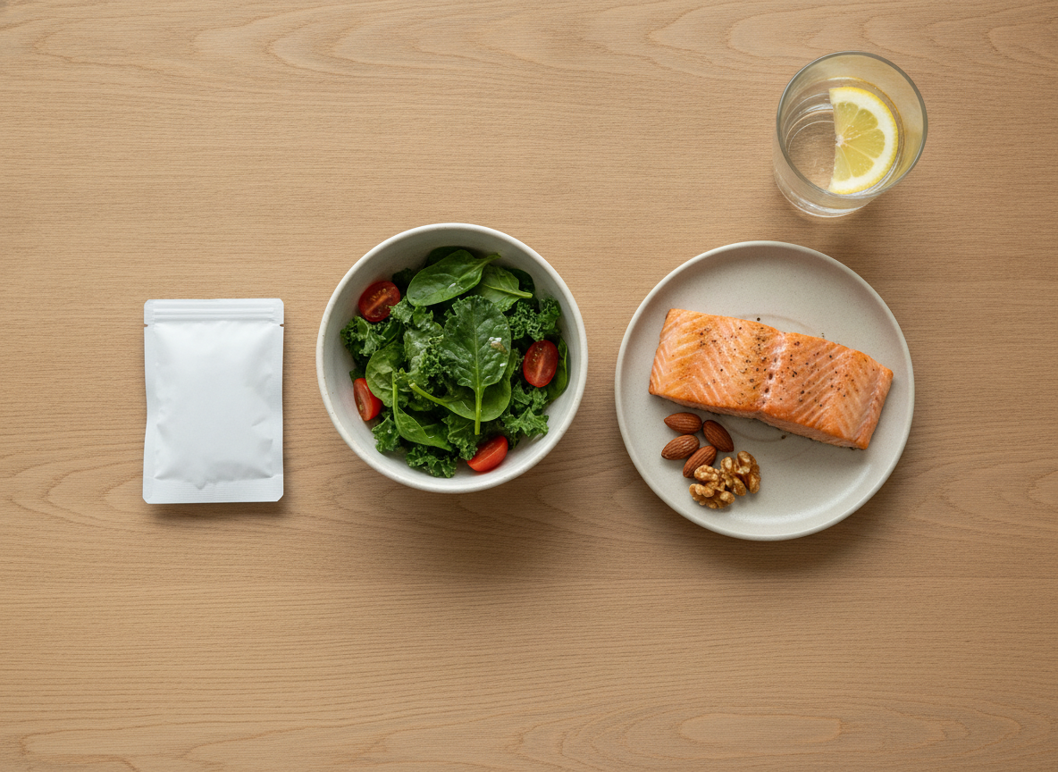 A daily supplement packet beside a small plate of leafy greens, salmon, and nuts on a light wooden table