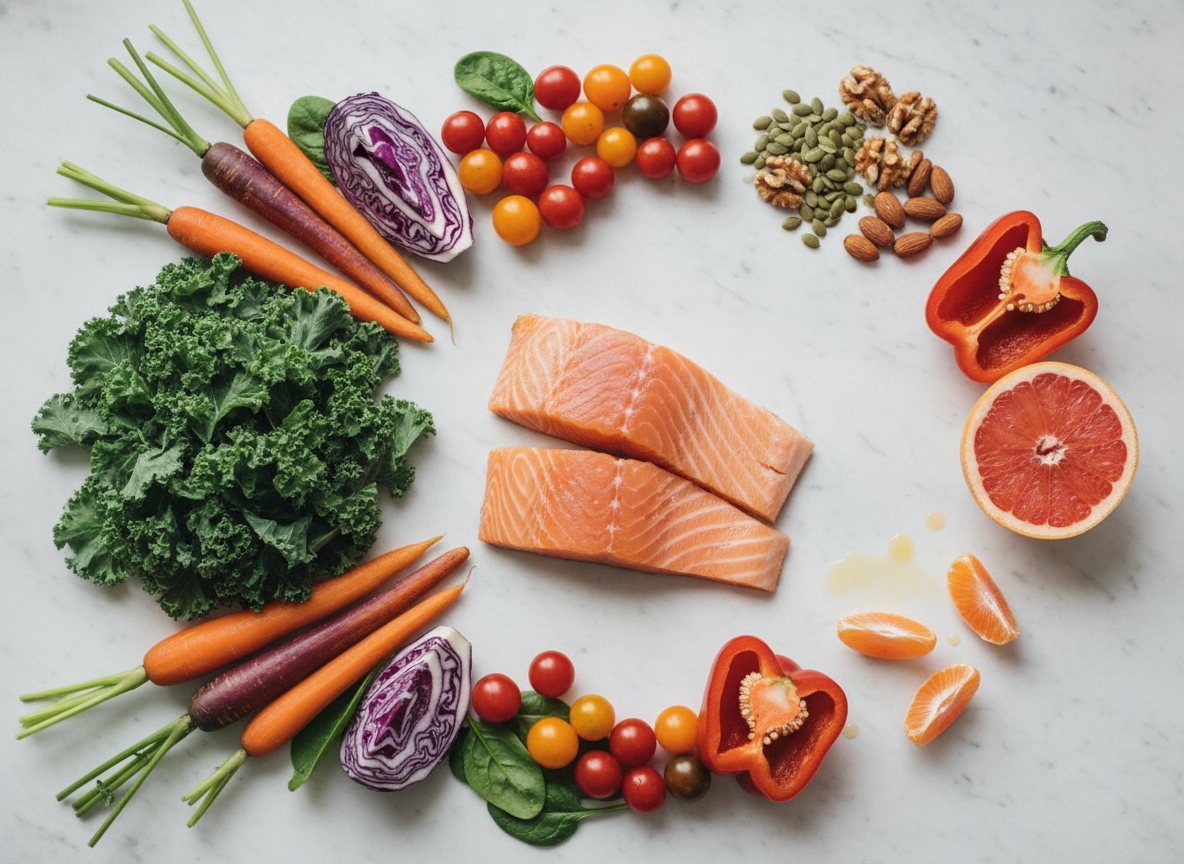 A colorful arrangement of whole foods including greens, vegetables, berries, citrus, seeds, and sliced protein on a white surface