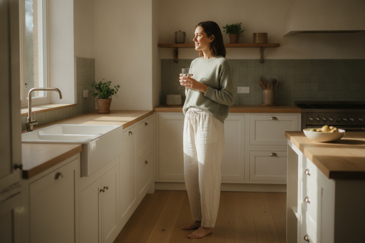 A relaxed person holding a glass of water in a bright kitchen during a morning routine