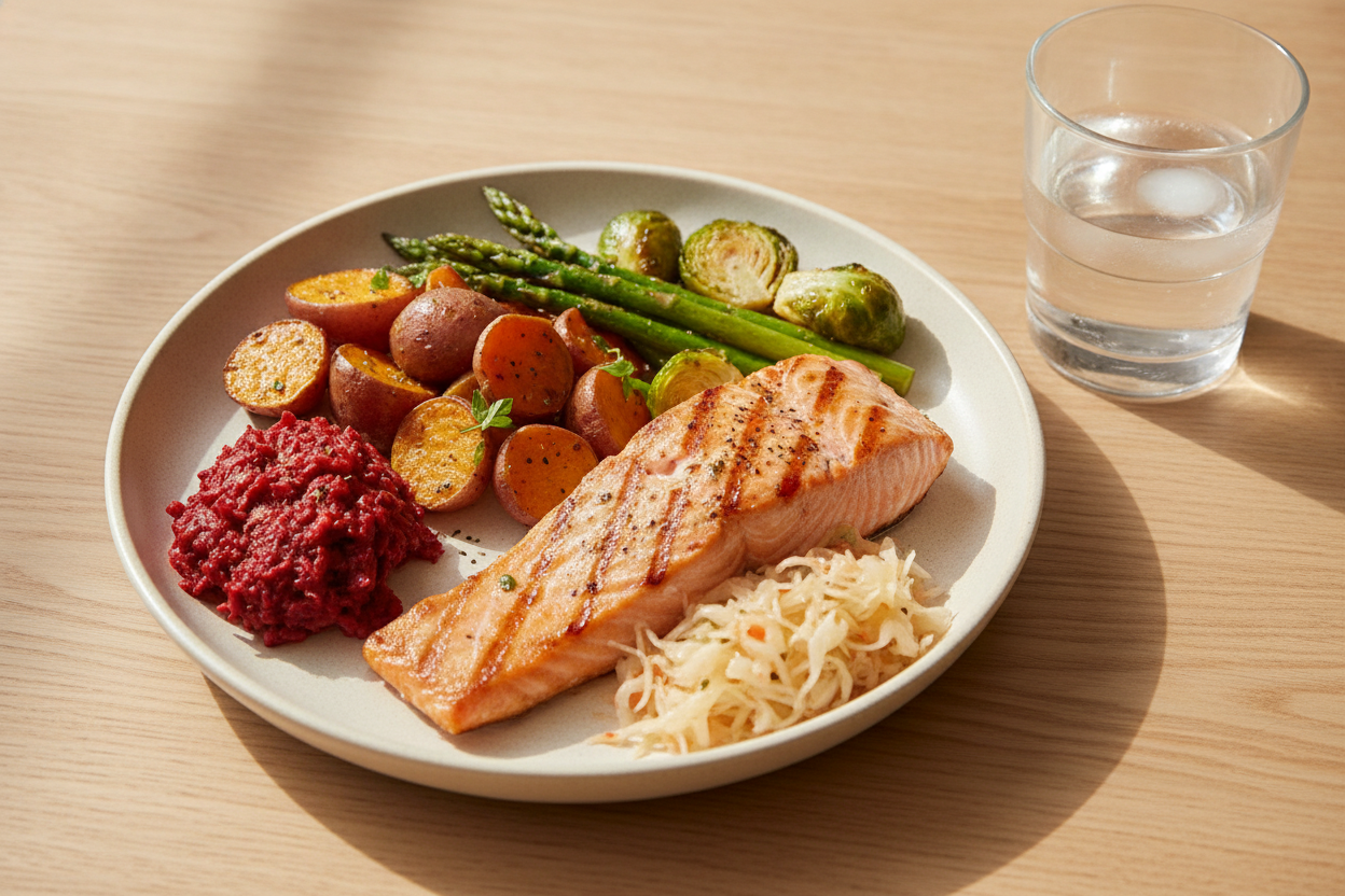 A balanced plate of grilled salmon, roasted vegetables, and fermented foods with a glass of water on a wooden table