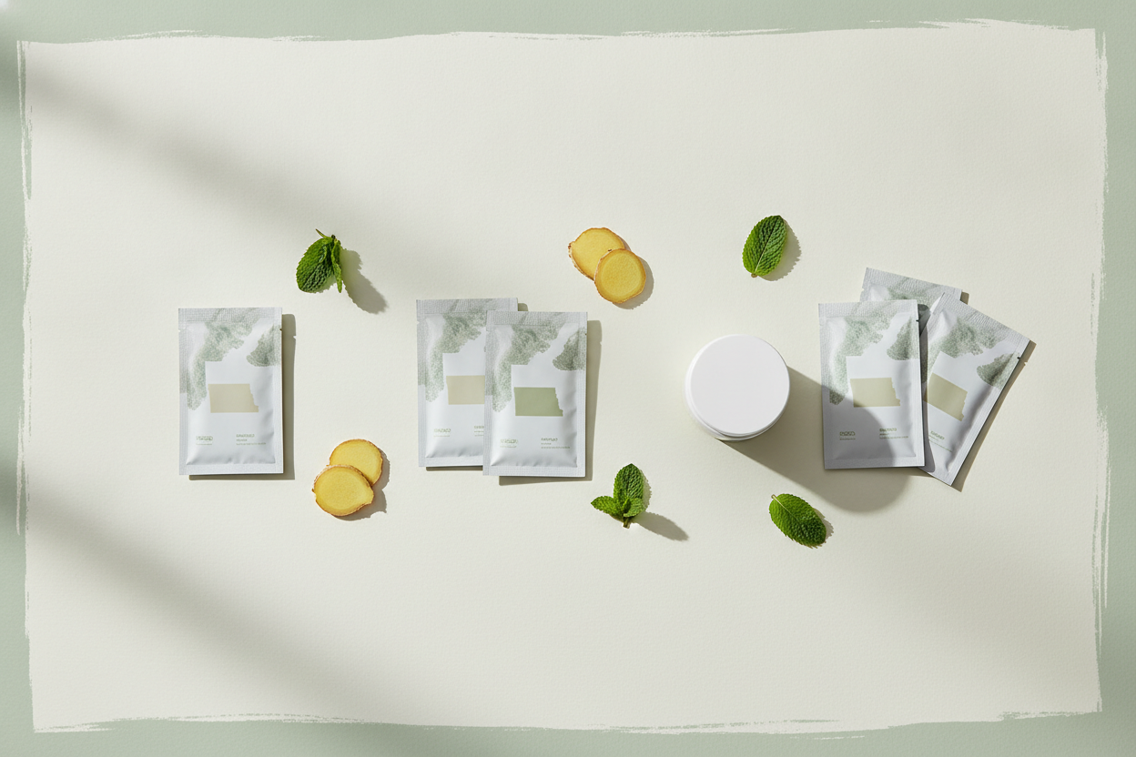 A flat-lay showing three tiers of daily digestive support arranged from a single packet to a fuller morning-and-evening set to a complete protocol