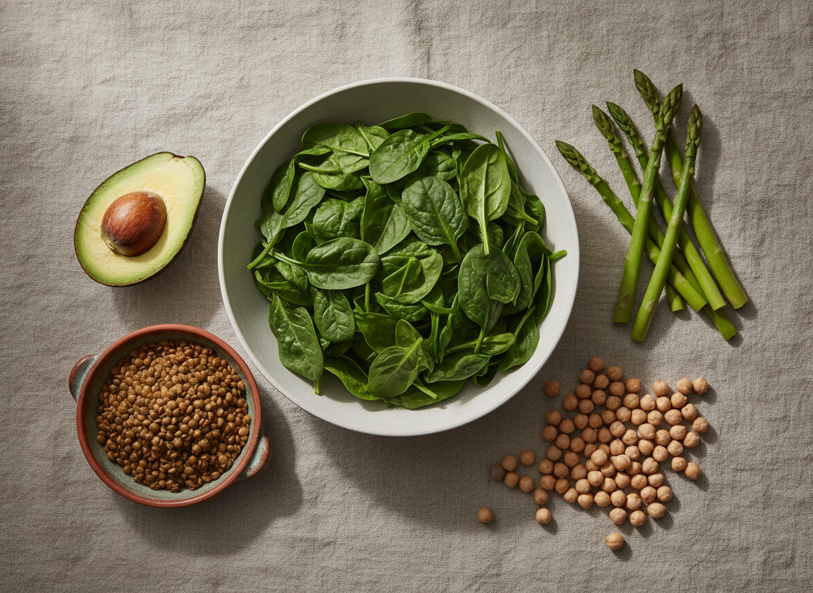 Spinach, avocado, lentils, asparagus and chickpeas arranged on a linen tablecloth
