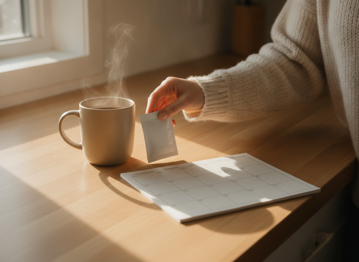 A woman setting a daily supplement packet beside her coffee mug and a weekly planner on a wooden counter