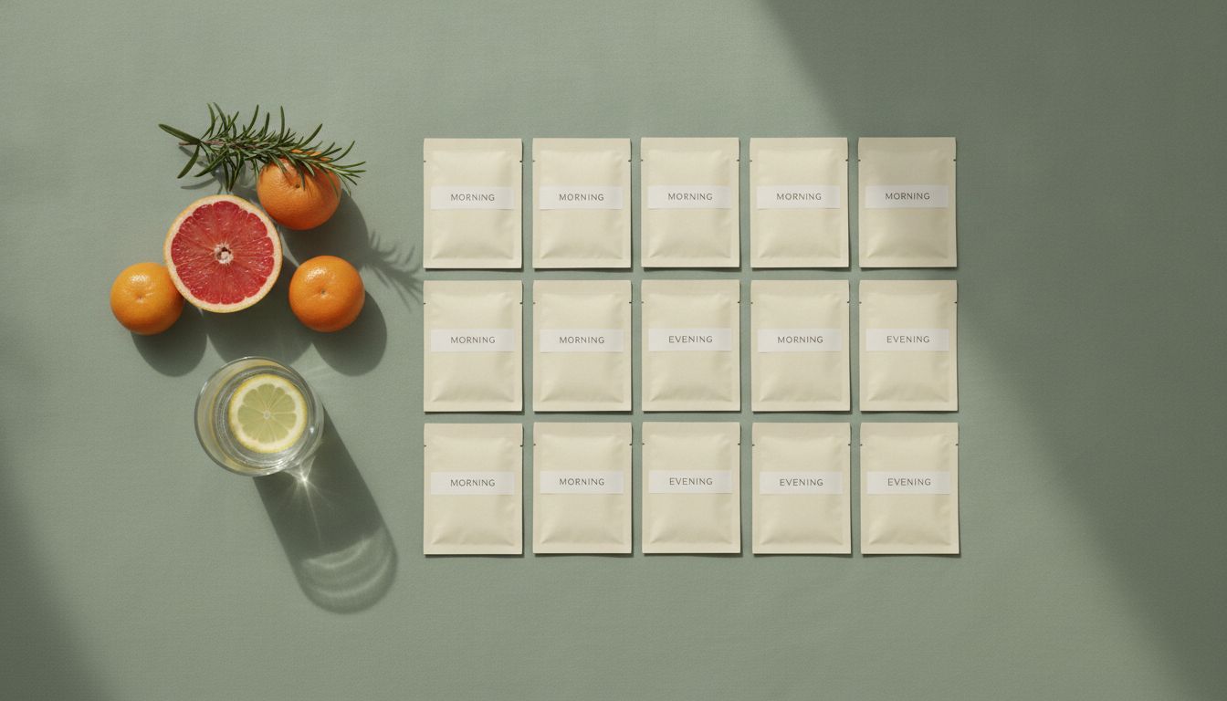 An overhead flat-lay of a full morning-and-evening supplement routine arranged neatly on a sage-green surface with a glass of water and fresh citrus.