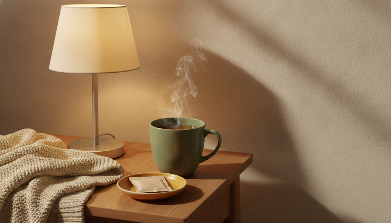 A calm evening bedside scene with a warm cup of herbal tea, a folded throw, and a small dish holding an evening supplement packet beside a softly lit lamp.