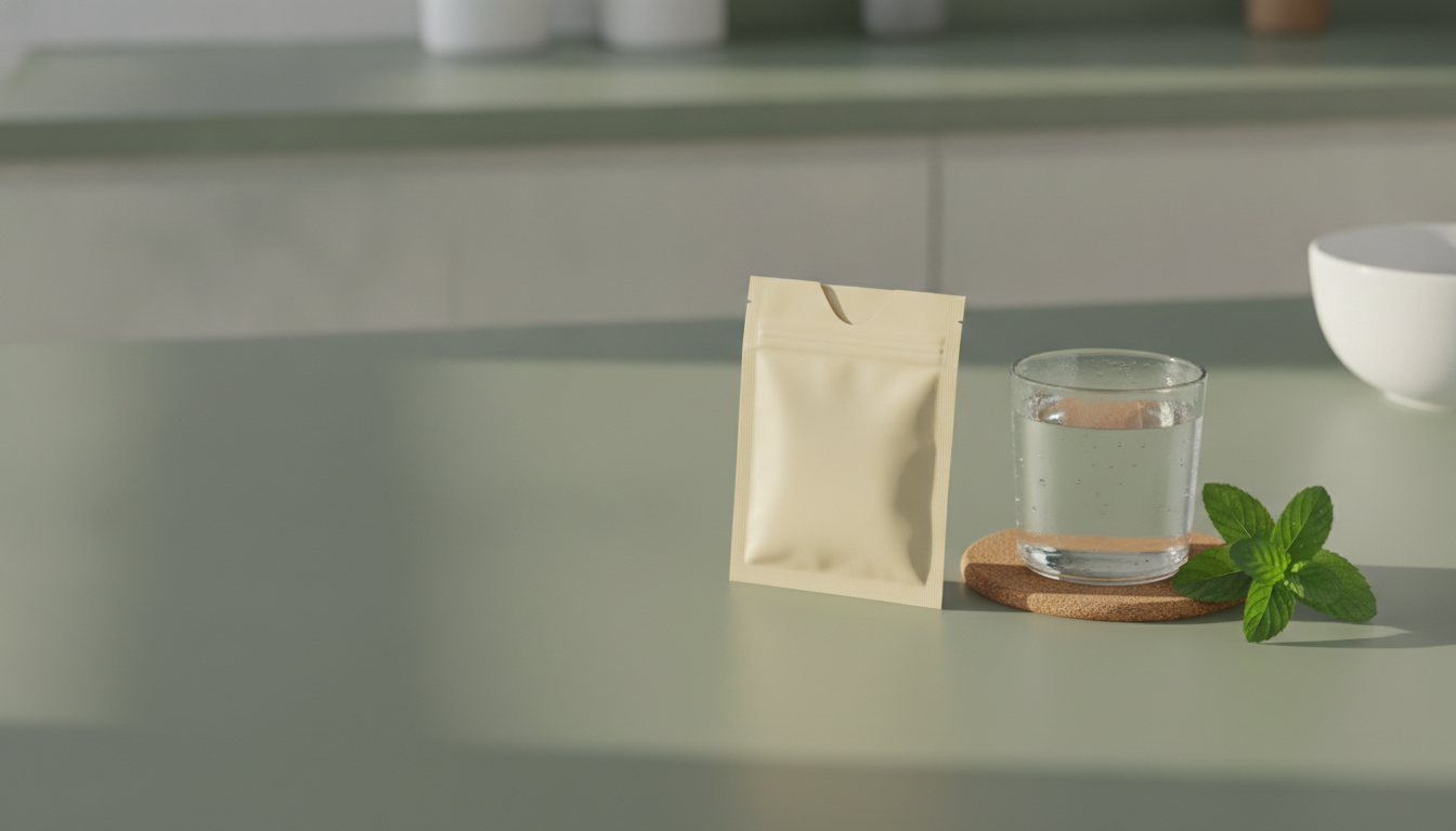 A single supplement sachet on a sage-green surface in morning light beside a glass of water and a sprig of mint.