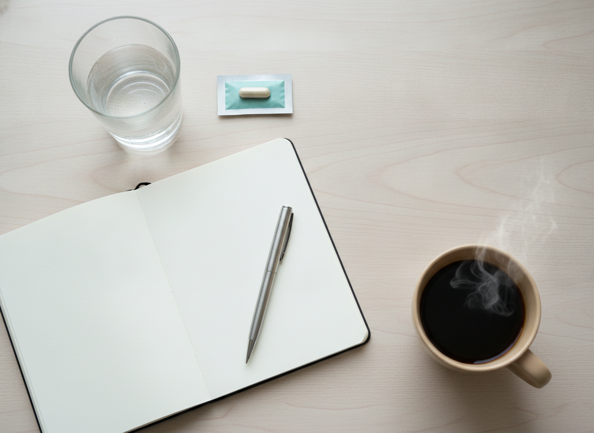 A bright morning flat lay on a wood table with a glass of water, a capsule packet, an open notebook and a cup of coffee.