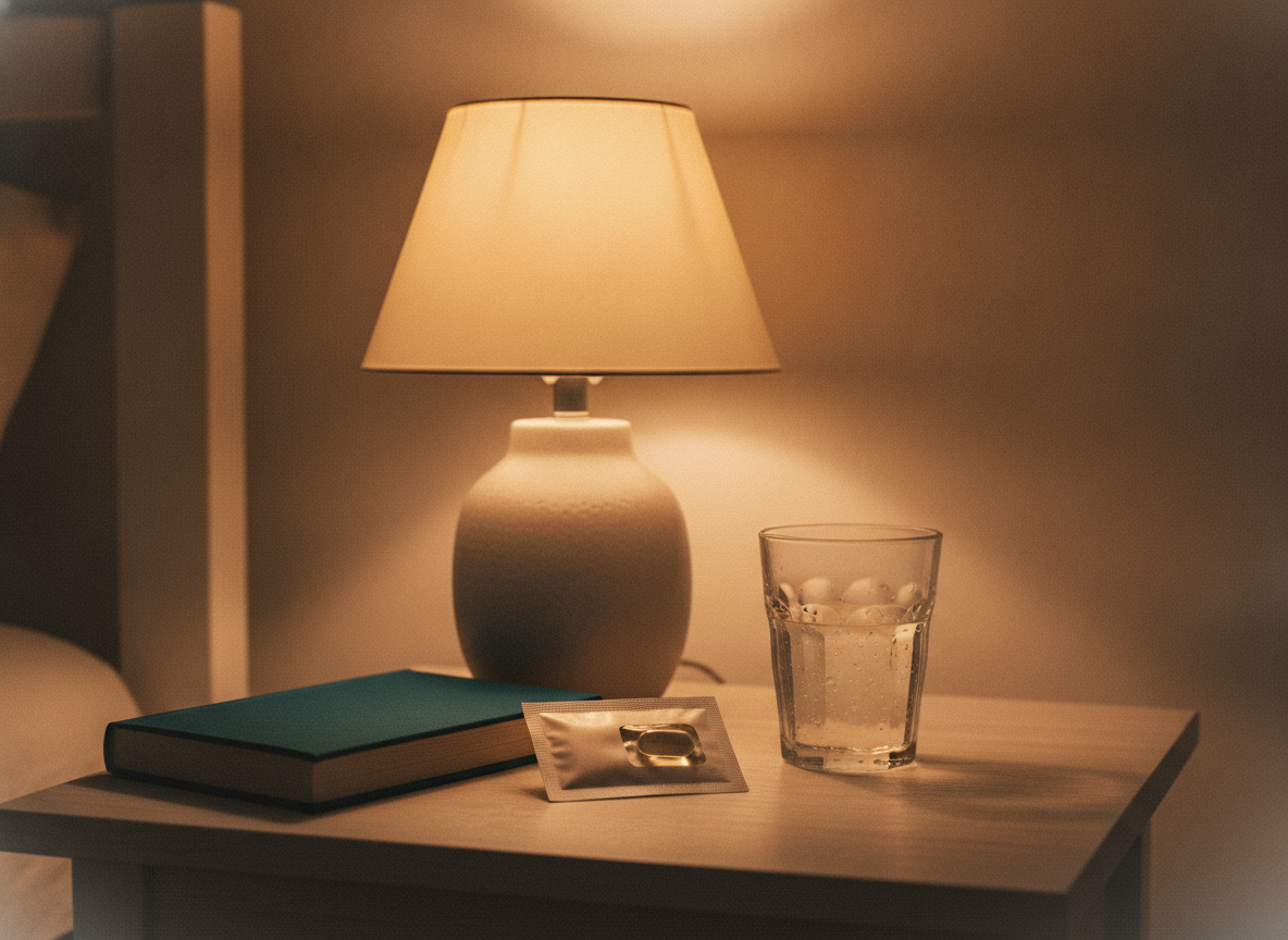 A calm bedside table at night with a warm lamp, a capsule packet, a glass of water and a closed book.