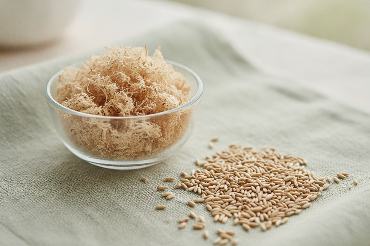 Psyllium husk flakes in a small glass bowl next to whole psyllium seeds on a linen cloth