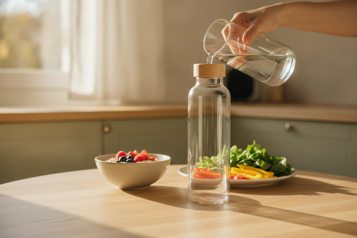 A hand refilling a reusable water bottle from a glass carafe on a sunlit kitchen table