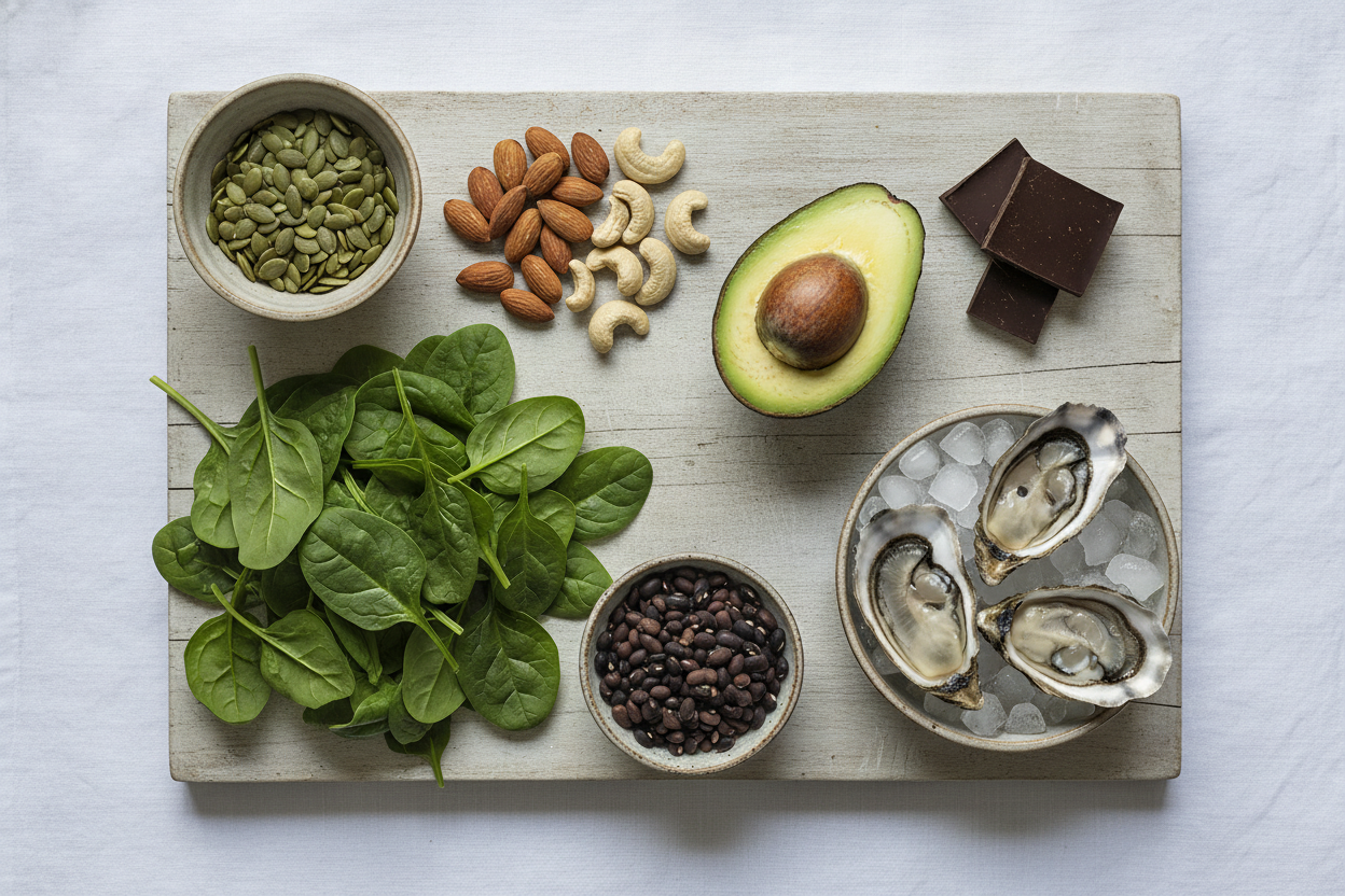 An overhead view of pumpkin seeds, almonds, cashews, spinach, avocado, black beans, dark chocolate and oysters on a wooden board