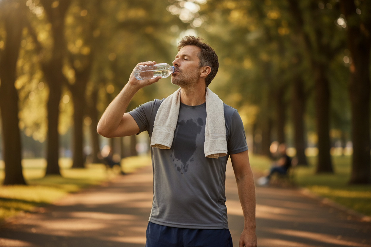 A man in a grey t-shirt drinking from a water bottle on a park path after a morning run