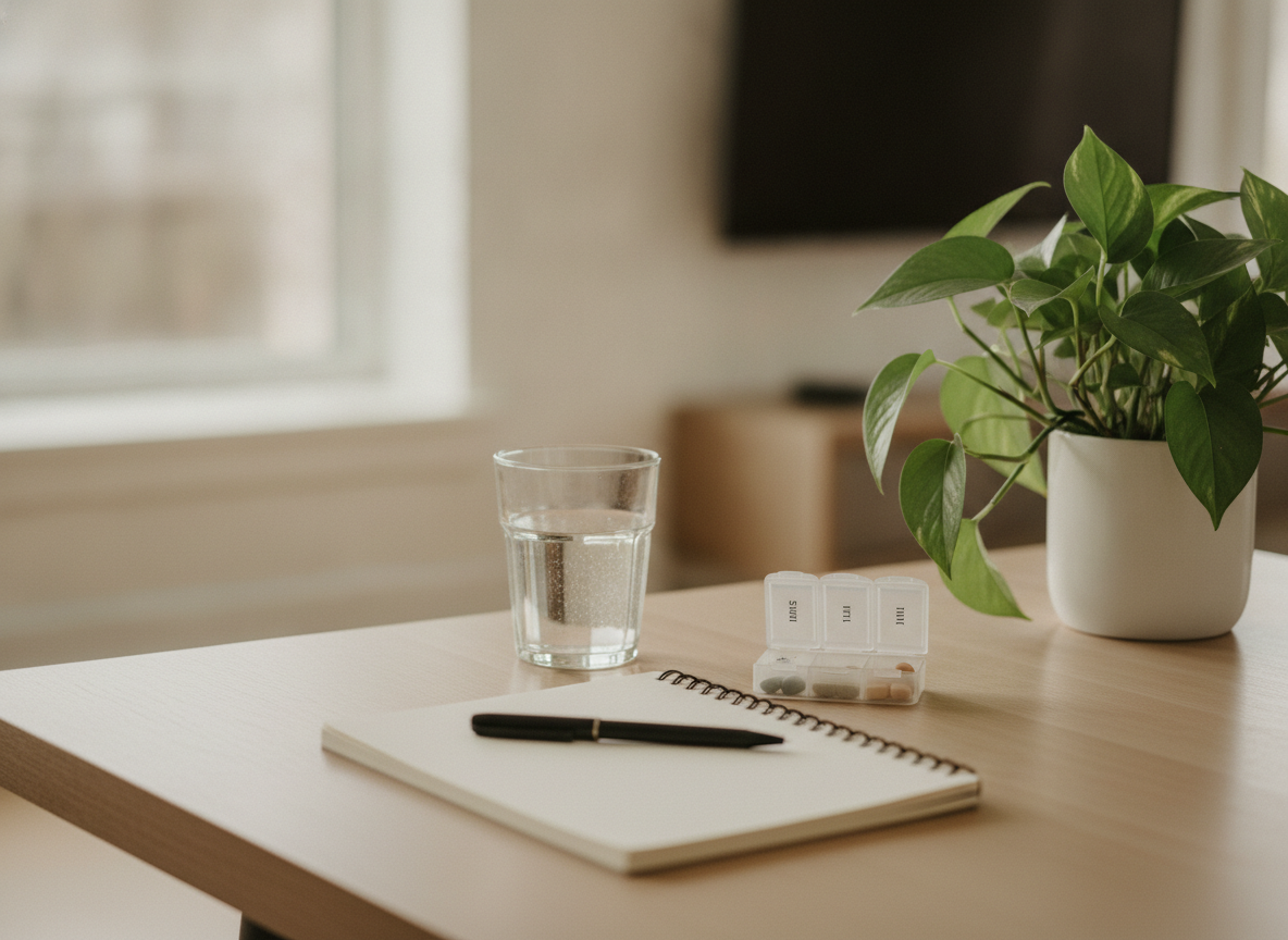 A calm, tidy home desk in soft daylight with a glass of water, a daily supplement organizer, a notebook and a leafy plant