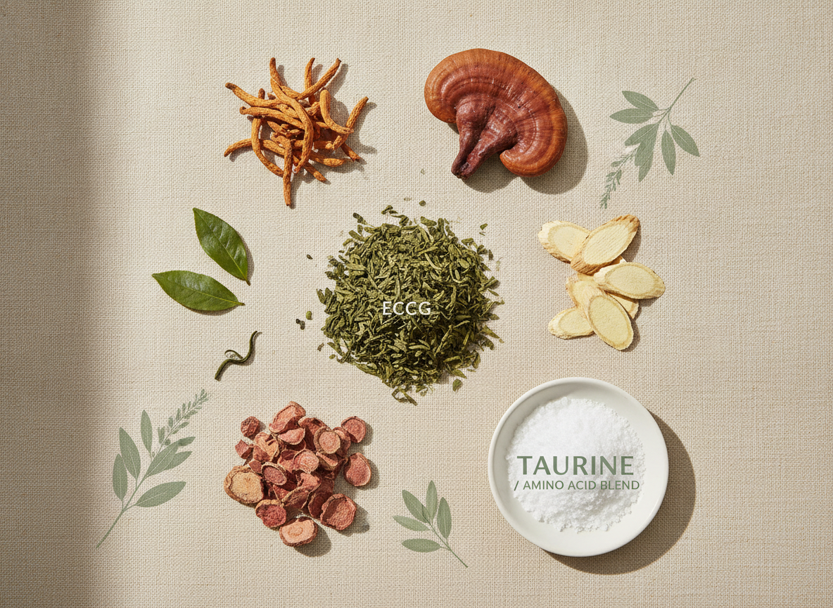 A top-down flat lay of botanical ingredients: green tea leaves, sliced ginseng root, rhodiola, and cordyceps and reishi mushrooms on a light surface