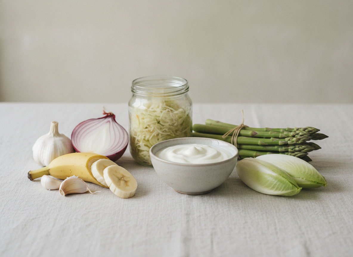 A bowl of yogurt and a jar of sauerkraut beside banana, onion, garlic, asparagus and chicory leaves on linen