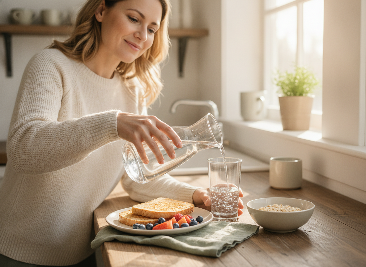 A woman pouring a glass of water from a carafe beside a breakfast plate in a bright kitchen
