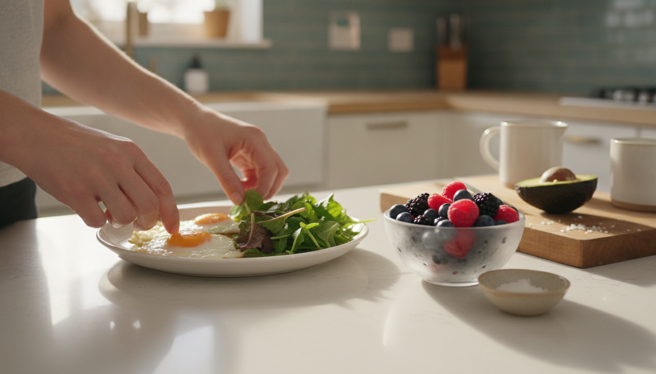 Hands preparing a simple balanced breakfast of eggs, leafy greens and berries on a light countertop