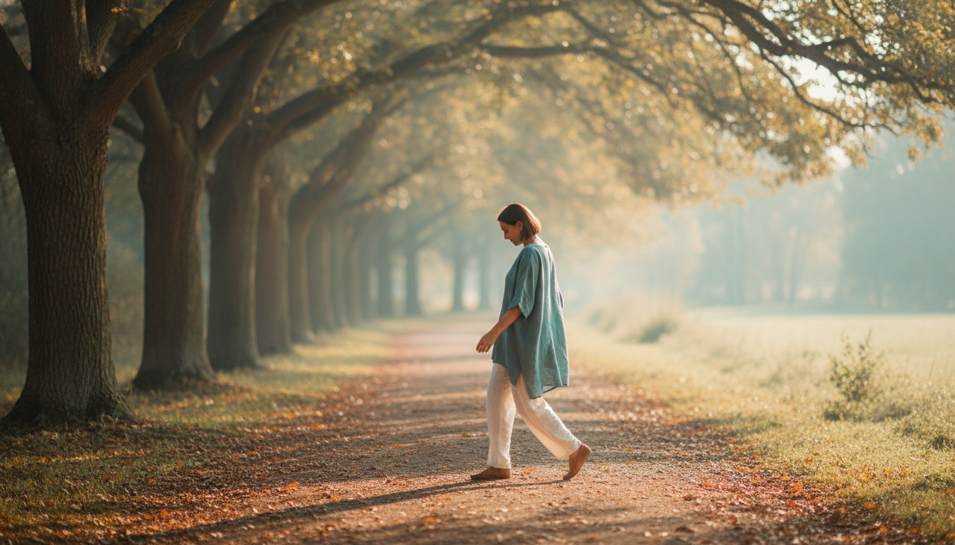 A person walking outdoors on a tree-lined path in soft morning light