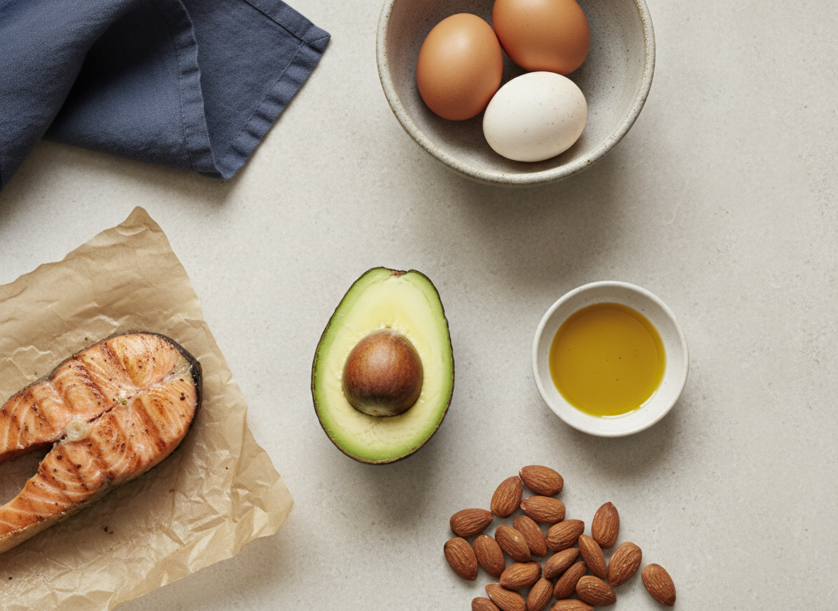 Avocado, olive oil, almonds, salmon and eggs arranged on a pale stone surface