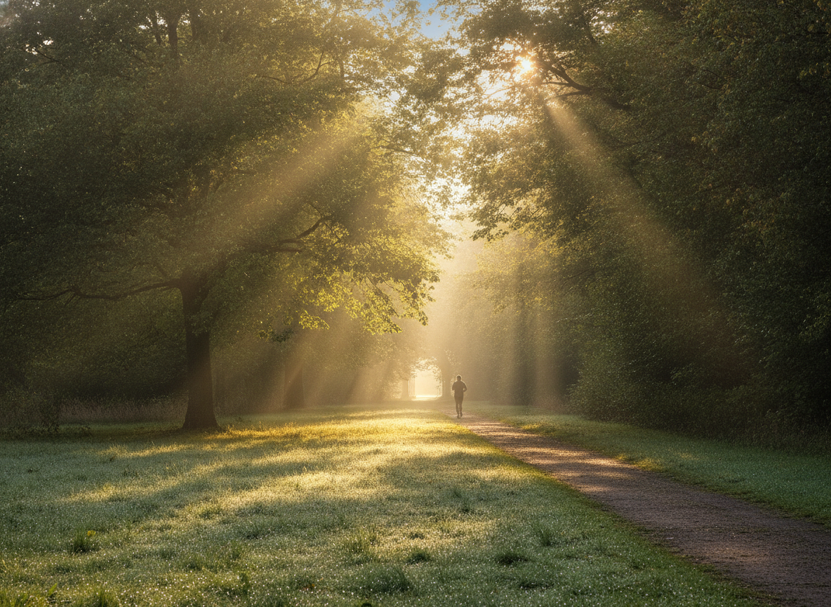 A tree-lined park path at sunrise with a lone runner in the far distance