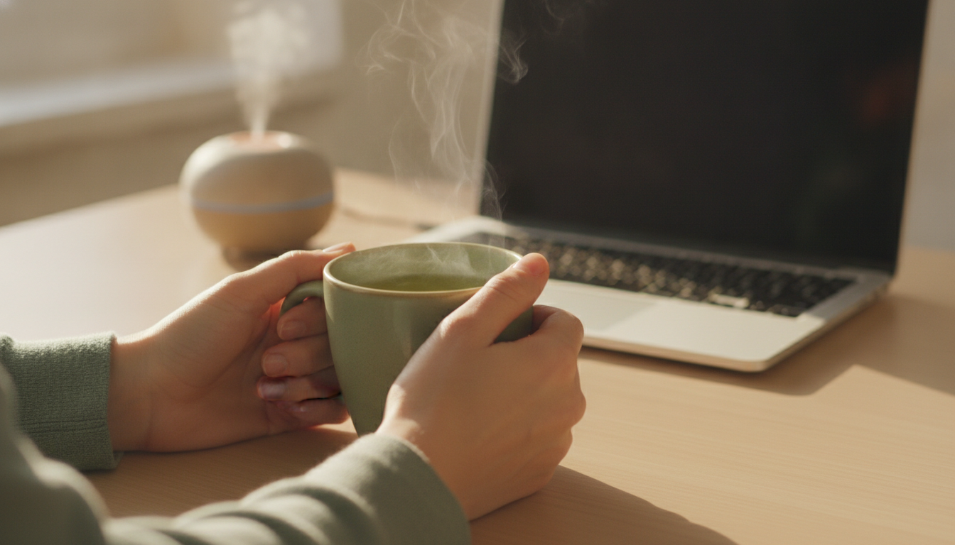 A person's hands cradling a warm mug of green tea at a tidy desk with a laptop softly out of focus