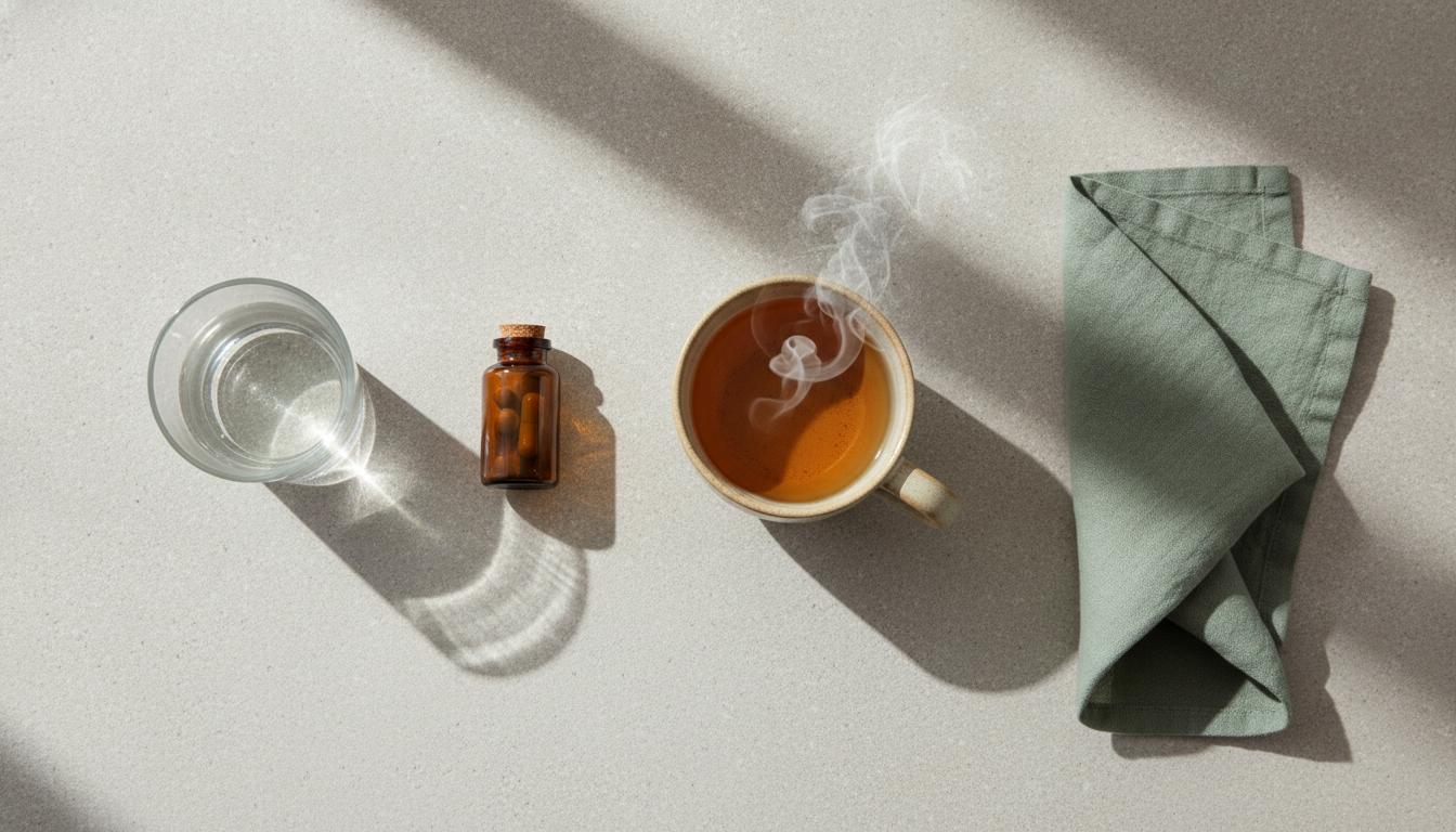 A simple daily routine flatlay with a glass of water, a small amber bottle, and a cup of tea on a light stone surface