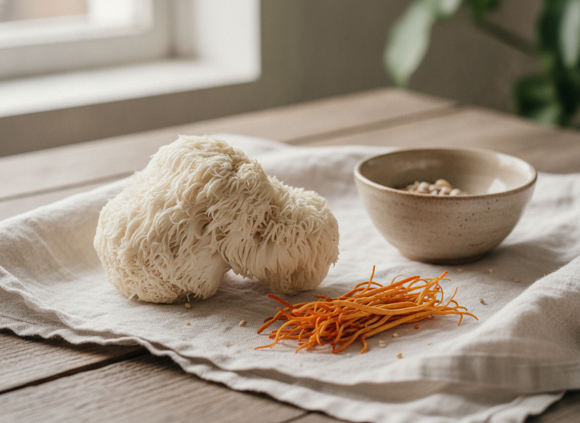 A white lion's mane mushroom and a bundle of slender orange cordyceps on a linen cloth beside a ceramic bowl
