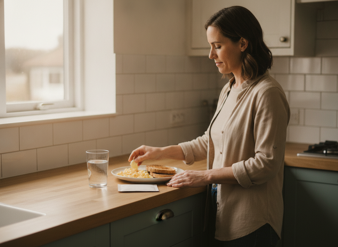 An adult placing a plain daily supplement packet beside a breakfast plate and a glass of water at a bright kitchen counter