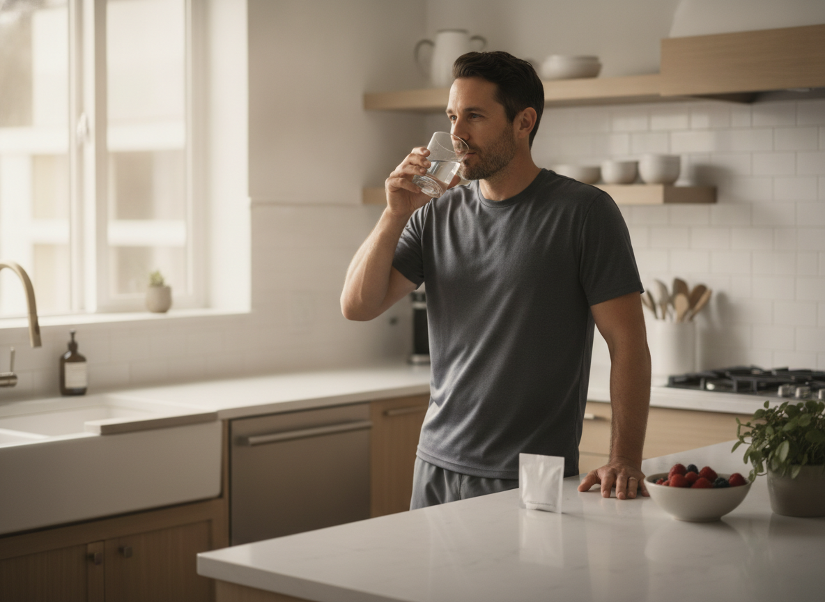 A man holding a glass of water beside a single daily supplement packet on a kitchen counter