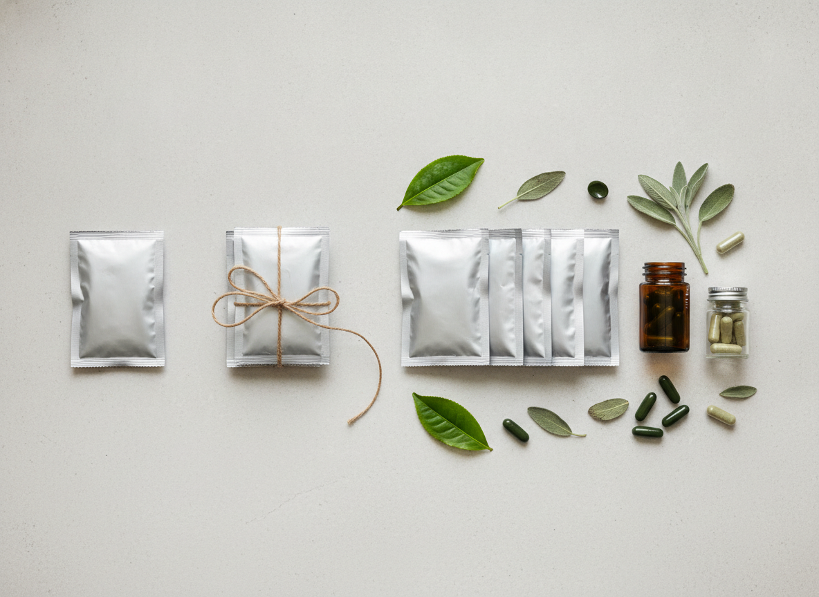 A flat-lay comparing a single daily packet, a two-packet set, and a comprehensive multi-packet set with green tea leaves and softgels