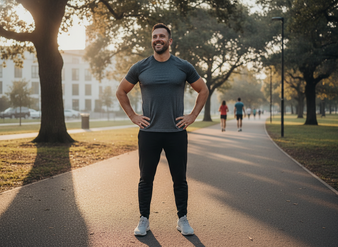 A man in athletic wear outdoors in morning light after light exercise
